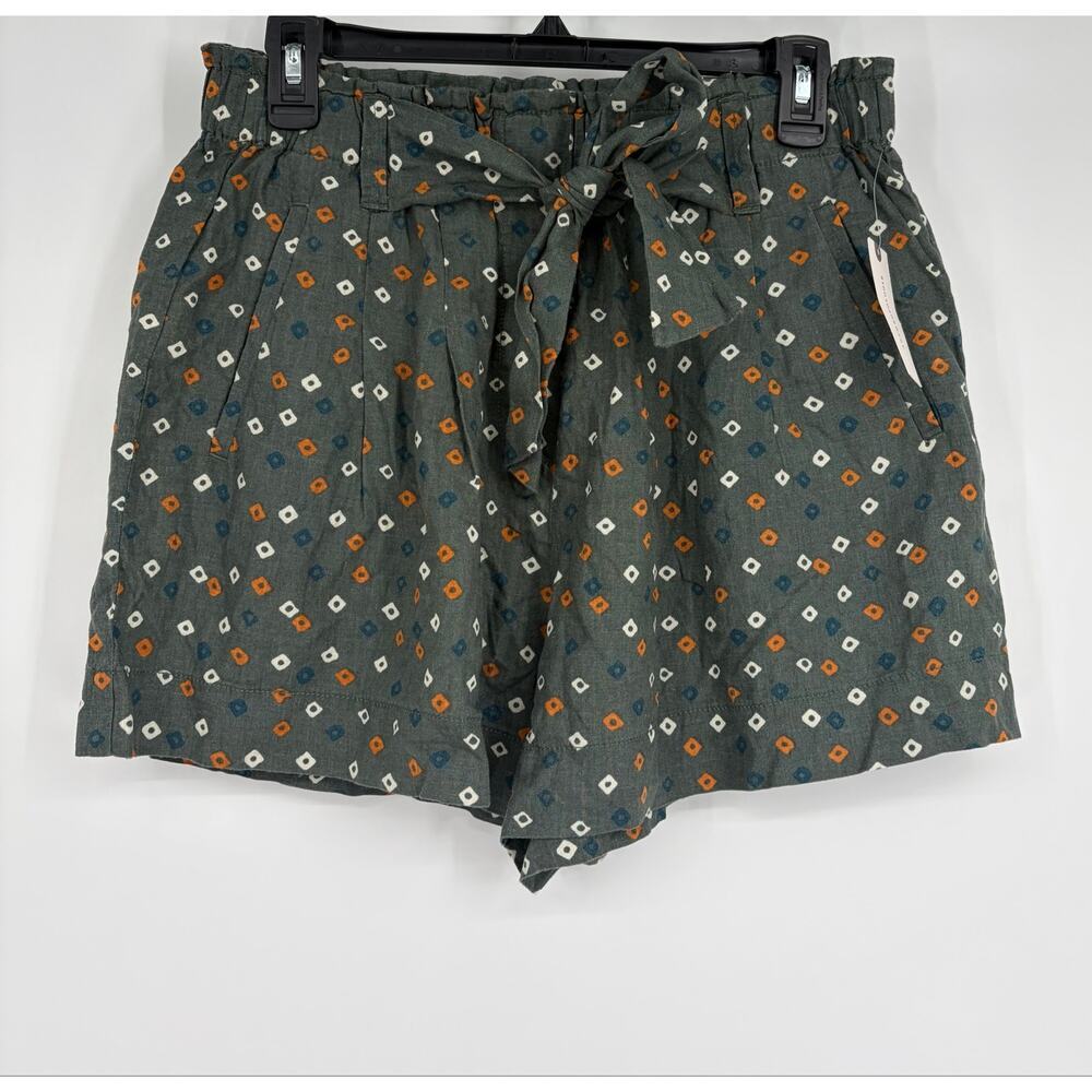 Anthropologie paperbag linen shorts green geo motif